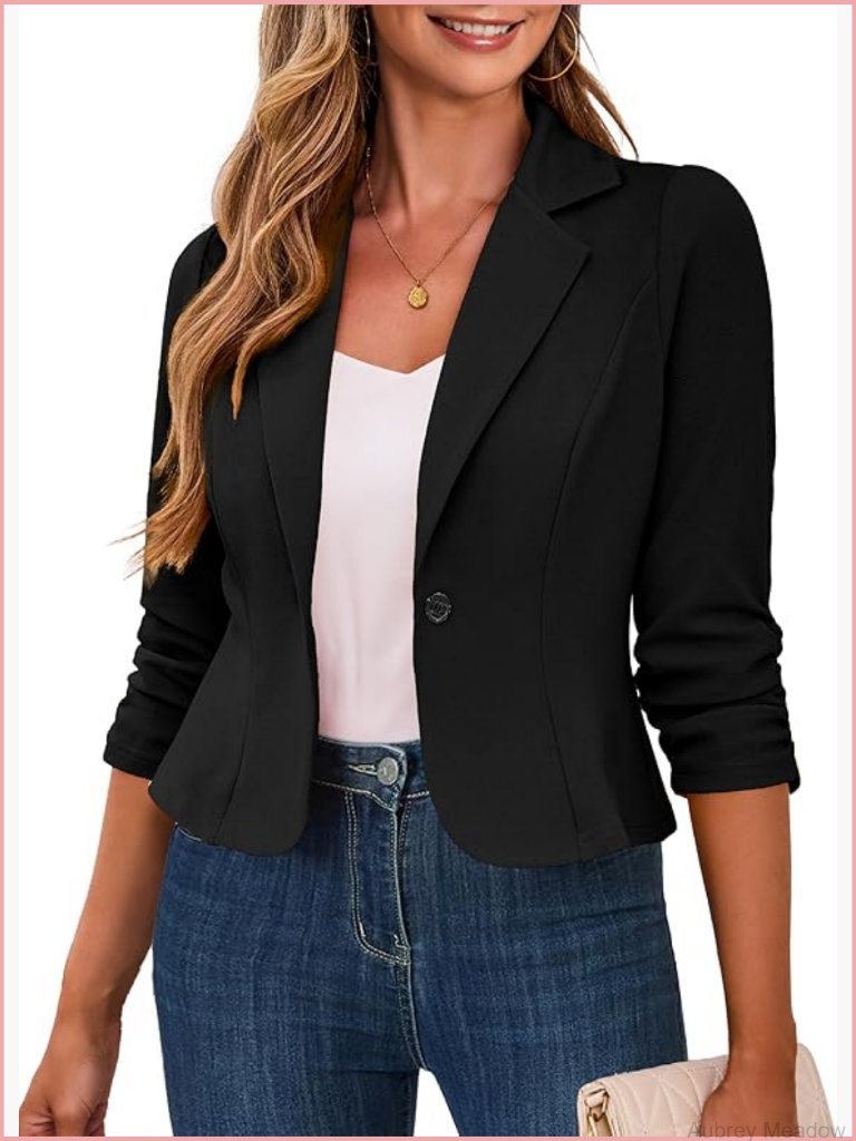 Women's Cropped Blazer Lightweight 3/4 Sleeve Ruched Button Office Jacket